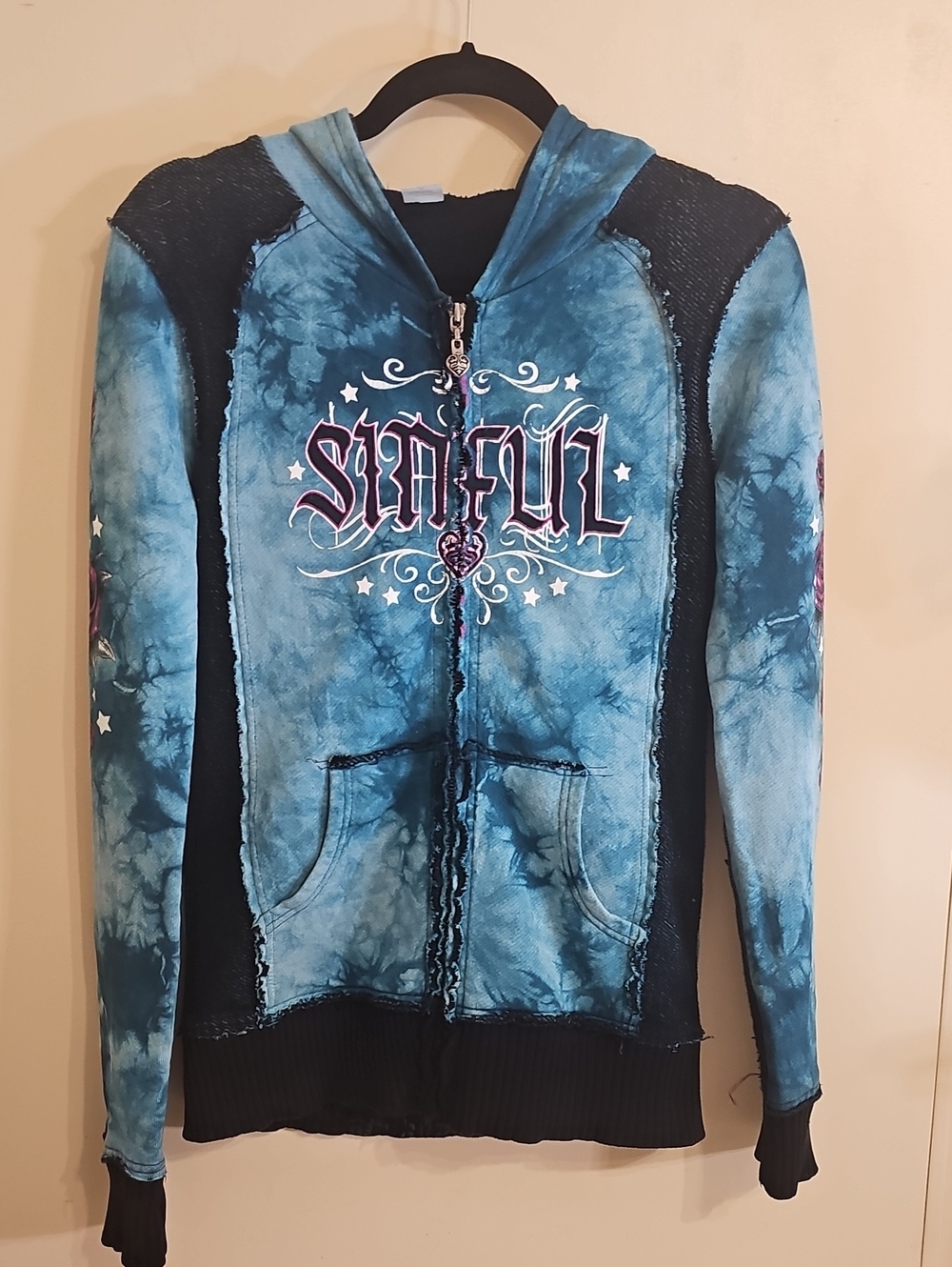 Sinful Women’s Medium Tattoo Graphic Zip Hoodie Wings Roses Made in USA